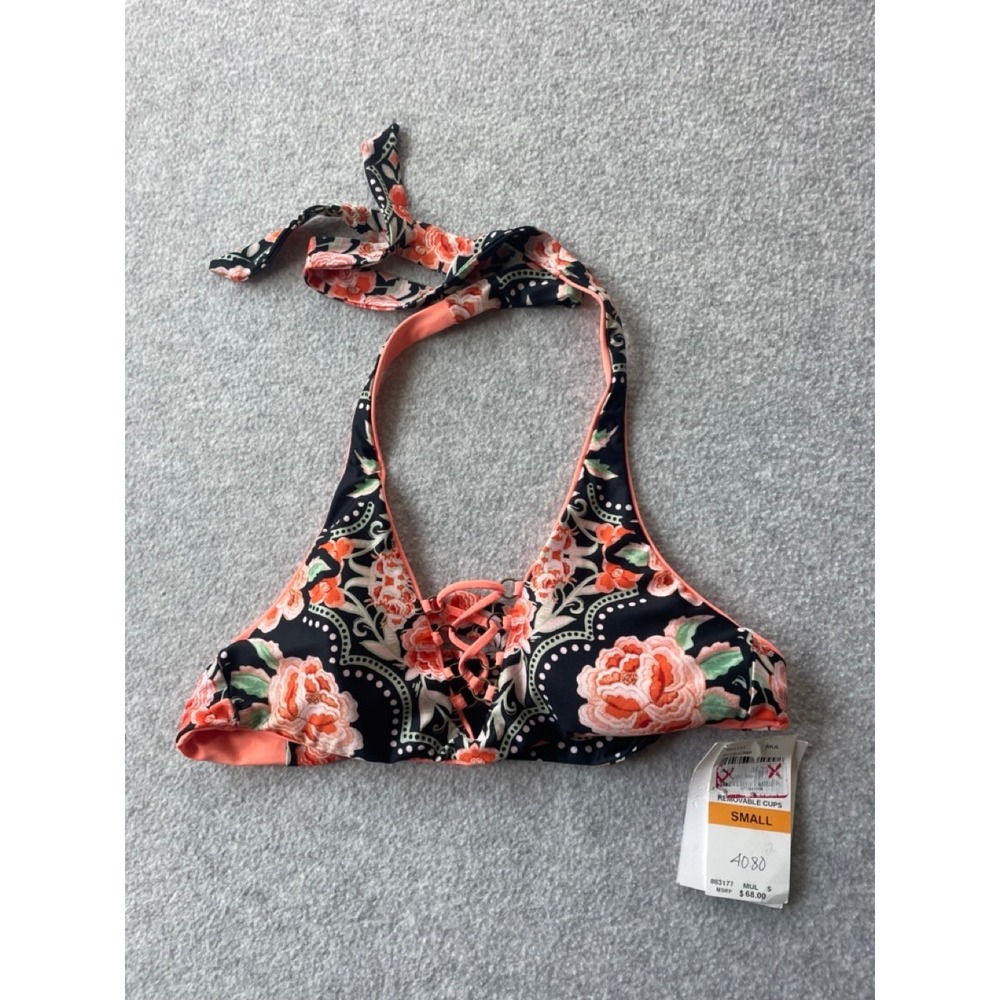 Becca by Rebecca Virtue Floral Medallion Halter Bikini Top Lace Up Coral Small